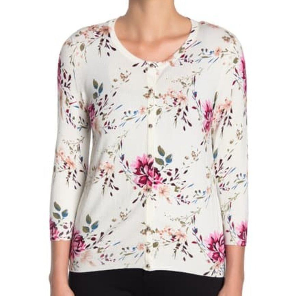 Multicolor Premise Floral Snap-Front 3/4 Sleeve Crew Neck Cardigan Sweater (NWT)